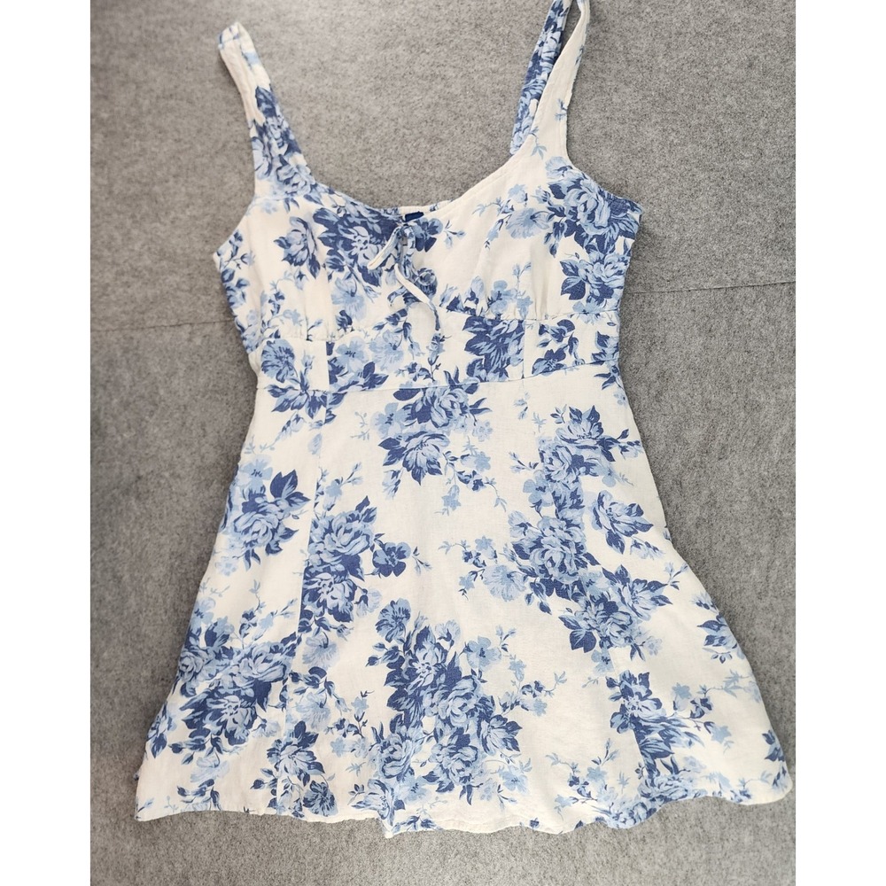 Old Navy Blue White Floral Linen Blend Smocked Back Mini Dress Large Women
